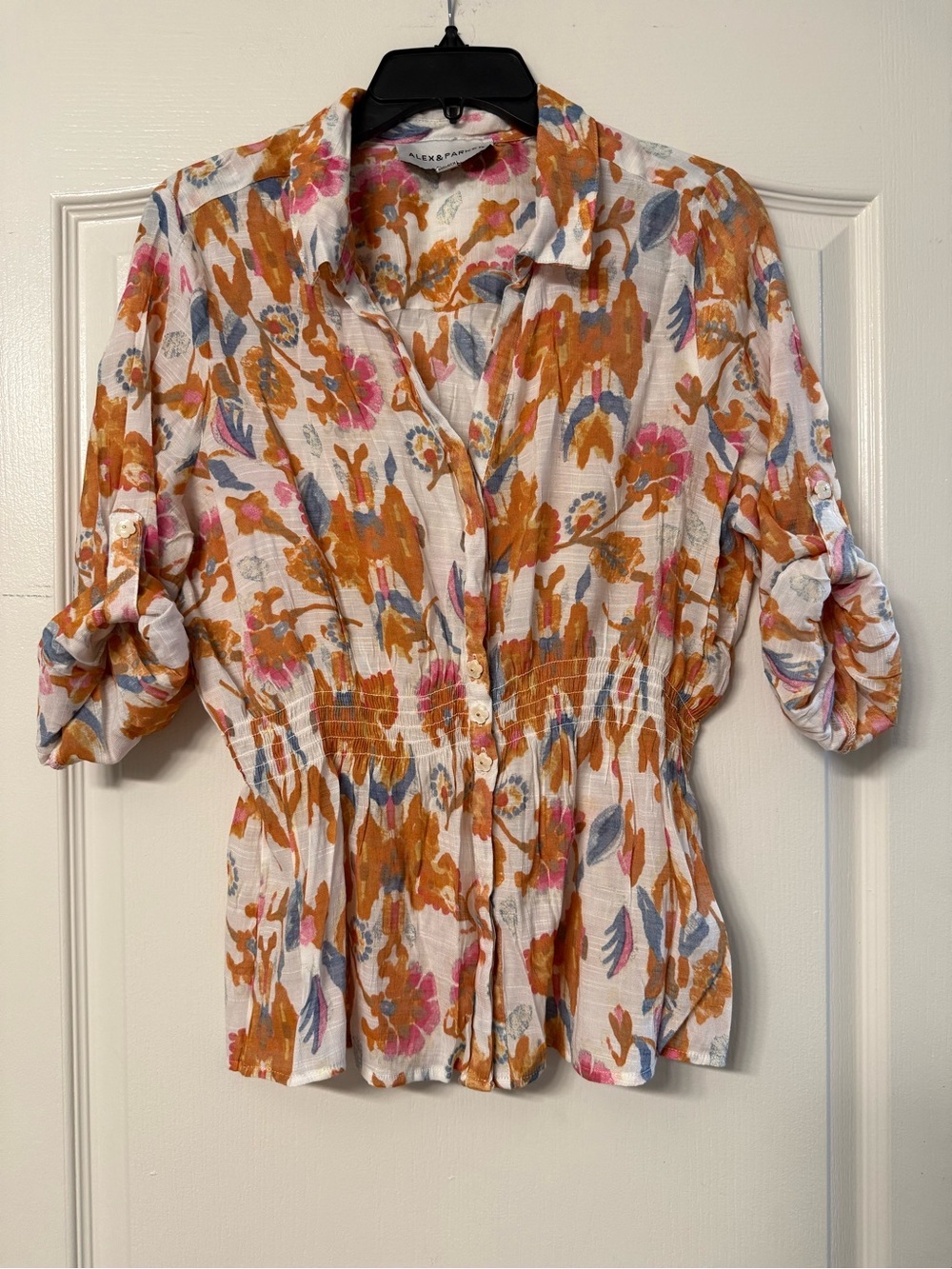 Alex & Parker Petite XL Floral Smocked Waist Button Front Roll Tab Blouse